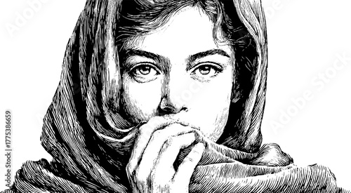 Engraving of woman symbolizing truth holding mirror and veil