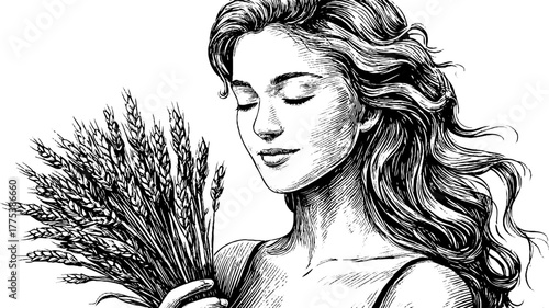 Virgo constellation personified as engraved woman holding wheat sheaf