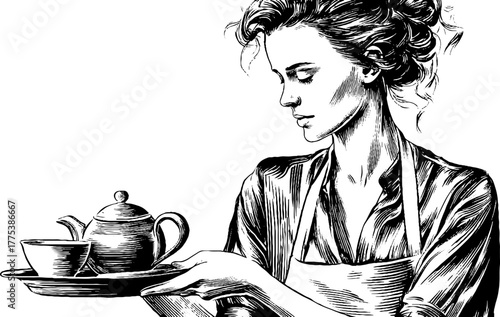 Vintage tea ceremony with woman serving porcelain teapot in hand drawn style