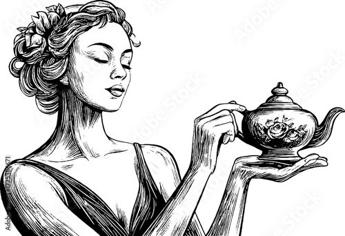 Vintage tea ceremony with elegant woman serving porcelain teapot