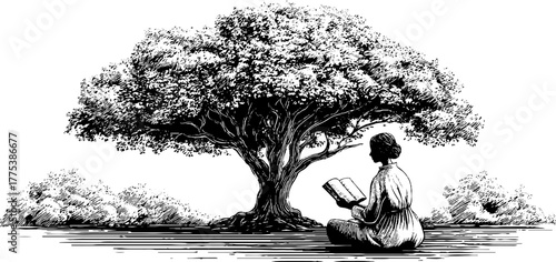 Tranquil moment under tree crown with book in hand - vintage engraving for art prints