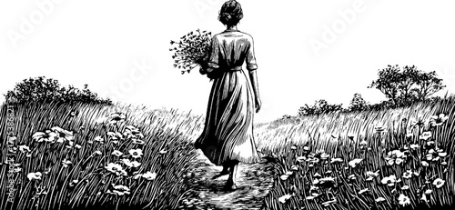 Vintage silhouette of woman strolling through meadow with wildflower bouquet