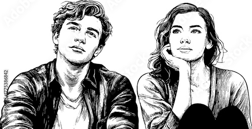 Engraved young couple thoughtful pose vintage sitting side design card sketch hand drawn engraving illustration. Classic romantic scene with nostalgic charm and delicate detail.
