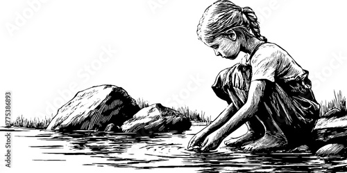 Tranquil moment of a young girl tossing pebble into water in nature's serenity