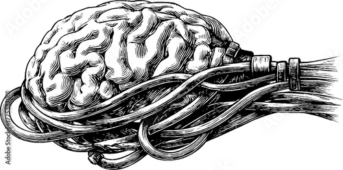 Engraved brain made of tangled cables symbolizing modern technology and innovation