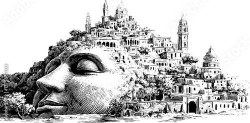 Surreal cityscape built on a giant sleeping head - vintage engraving design