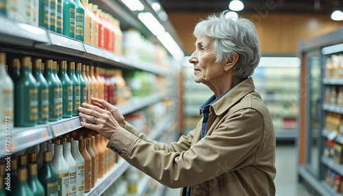 Elderly woman choosing beverage while shopping in supermarket aisle  