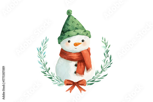 Charming watercolor snowman wearing a hat and scarf with festive bow