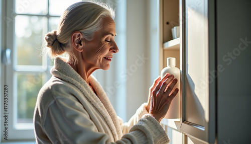 Elderly woman touching bottle on shelf while smiling in bathroom  