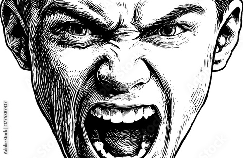 Expression of anger and tension engraving with clenched jaw and intense lines