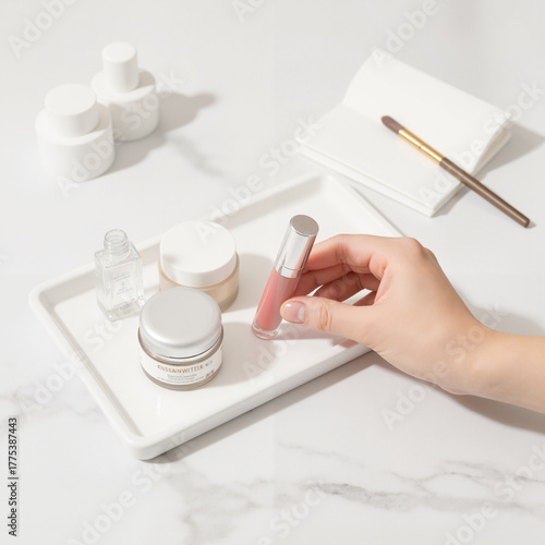 Hand holding lipstick while arranging skincare products on tray  