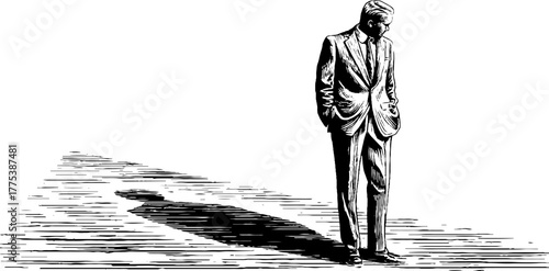 Vintage sketch of man with elongated shadow in retro suit style for design use