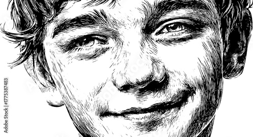 Dreamy gaze and gentle smiling face engraving art for retro design