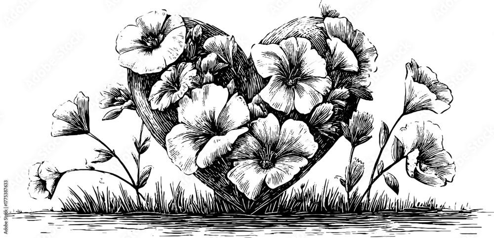 Fototapeta premium Floral heart engraving with blooming flowers - romantic nature metaphor for art and design