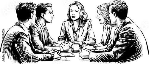 Vintage engraving of group discussion around table for retro design and print projects