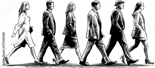 Vintage engraving of people walking in different directions symbolizing diversity and motion