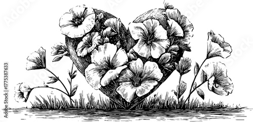 Floral heart engraving with blooming flowers - romantic nature metaphor for art and design