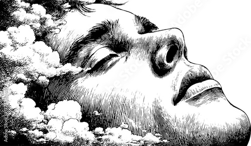 Surreal concept of human face dissolving into clouds - emotion and serenity in vintage engraving
