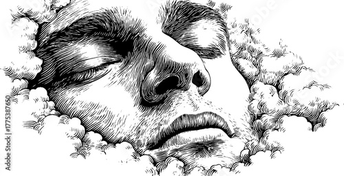 Surreal face dissolving into clouds design for emotional expression