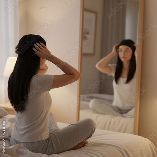 Young woman sitting on bed and adjusting hair in front of mirror  