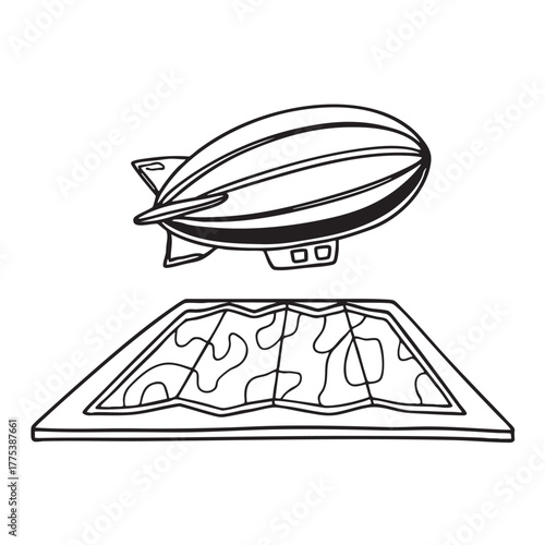 A zeppelin near a map pinned onto a wooden board