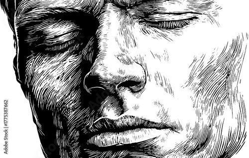 Artistic engraving of human face in contrasting light and shadow