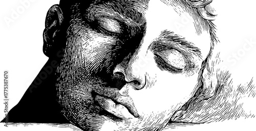 Half light and shadow human face engraving - vintage sketch with striking silhouette