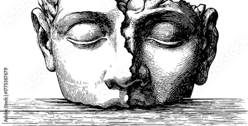 Human face engraving split into light and shadow halves - vintage design concept for artistic projects