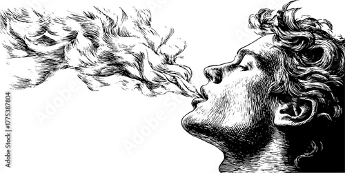 Surreal human silhouette dissolving into smoke - dreamlike engraving art concept