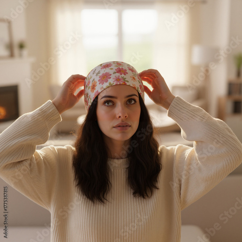 Young woman adjusting floral headband while sitting indoors  