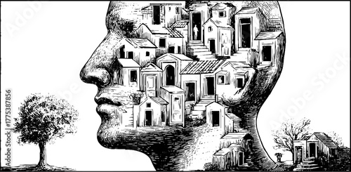 Conceptual engraving of human silhouette with inner doors - symbolic design for creative projects