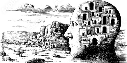 Intricate human silhouette with doors concept - creative design for artistic projects