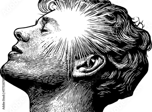 Serene human silhouette with radiant sunlight rays - artistic engraving illustration