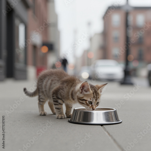 Tabby kitten eating from a metal bowl on city sidewalk outdoors  