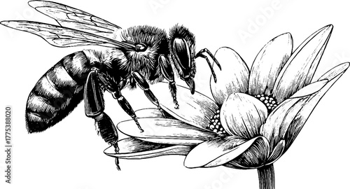 Mechanical bee engraving landing on flower with artificial pollination design for posters