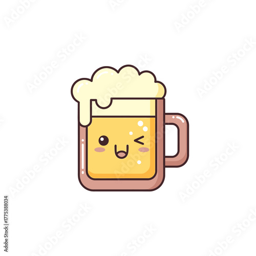 Cute cartoon beer mug with a happy face, overflowing foam, and a winking eye.
