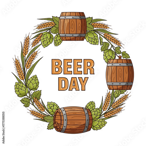 Circular illustration for Beer Day, featuring barrels, hops, and wheat, with text in the center.