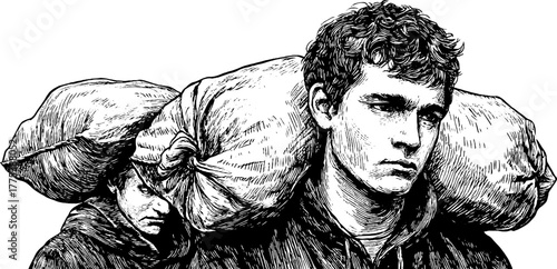 Engraving of men carrying heavy burdens symbolizing life's challenges - retro hand-drawn art for posters