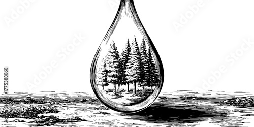 Engraving of oil drop enclosing miniature forest symbolizing fragile environment conservation