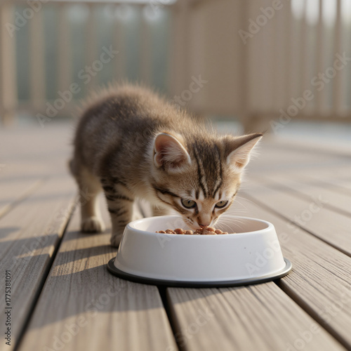 Cute kitten eating from a bowl on wooden deck in sunlight  