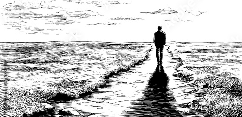 Person walking on path casting long shadow, reflecting journey and solitude