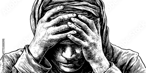 Emotional burden concept art - engraving of person holding invisible weight for mental health awareness