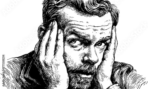 Intense expression of man glancing sideways in vintage engraving style