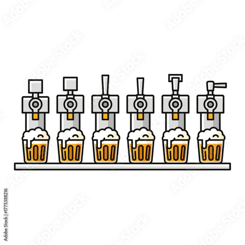Six beer taps dispensing golden frothy beer into glasses on a counter, illustrating a beverage serving process.