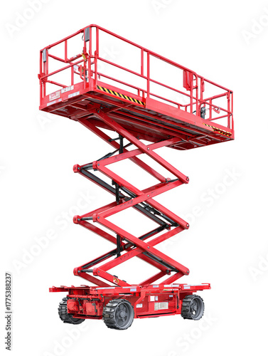 Red scissor lift platform extended against black background