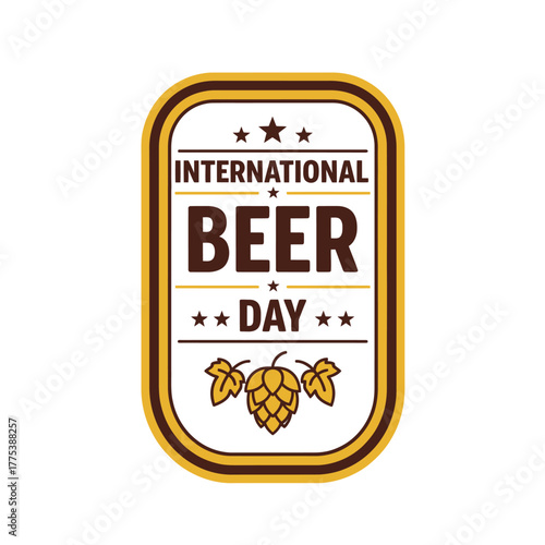 International Beer Day celebration badge with hops and stars.