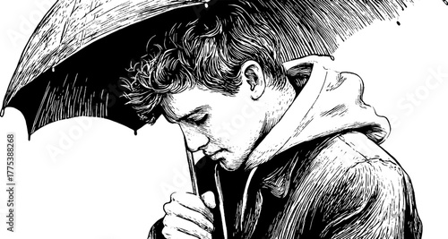 Reflective moment after the storm - vintage engraving scene of person with closed umbrella