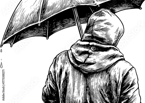 Vintage silhouette of person holding closed umbrella after storm - hand drawn illustration for retro design