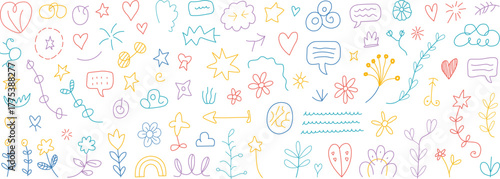 Cute element set with a line icon. Decorative arrow, cloud, crown, glitter, and flower doodle line color icons. Kids' cartoon ribbon, a comical outline, a hand-drawn heart, and a sketchy figure.