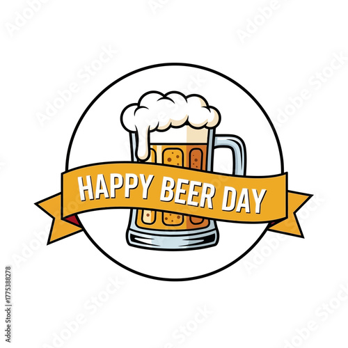 Cartoon illustration of a frothy beer mug with a "Happy Beer Day" banner, set within a circular frame on a white background.